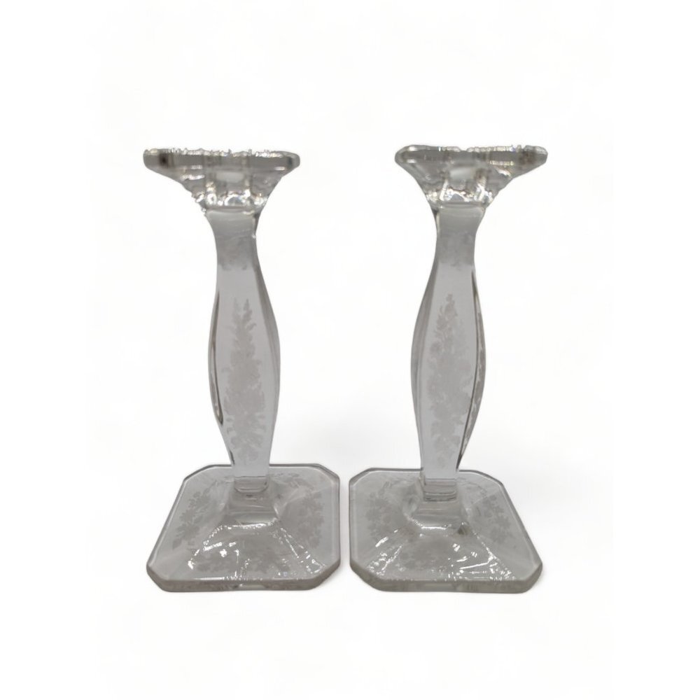 Set of 2 Vintage  CrystalGlass Candlestick Holder Deep Etched Floral 8" Tall